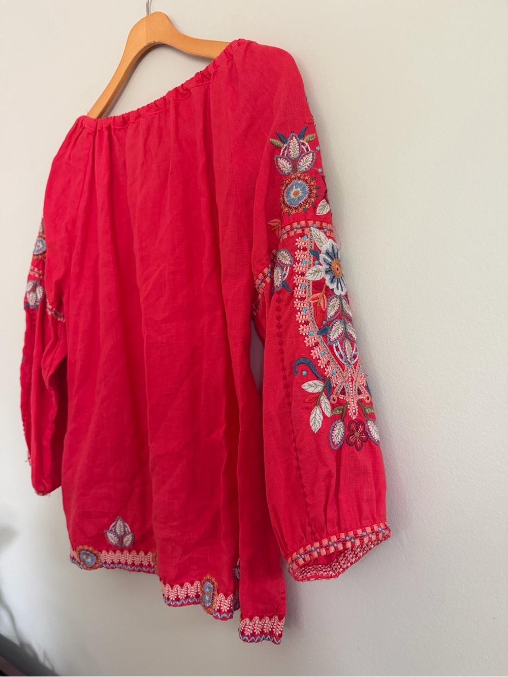 Johnny Was Maisie Peasant Tie Embroidered Blouse Linen Boho Coral Size Small - Picture 10 of 16